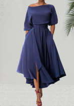 Chic Elegant Solid Color Slash Shoulder Belt Irregular Dress