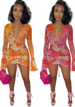 Women Sexy Mesh Printed V Neck Dress