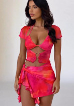 Women sexy mesh printed short sleeve Top lace irregular Skirt two-piece set Women sexy mesh printed short sleeve Top lace irregular Skirt two-piece set