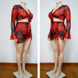 Plus Size Printed Drawstring Long Sleeve Top & Shorts Sexy Nightclub Two-Piece Set