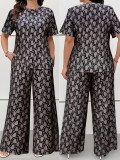 Plus Size Casual Women Elegant Short Sleeve Top and Trousers Two-piece Set