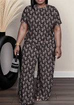 Plus Size Casual Women Elegant Short Sleeve Top and Trousers Two-piece Set