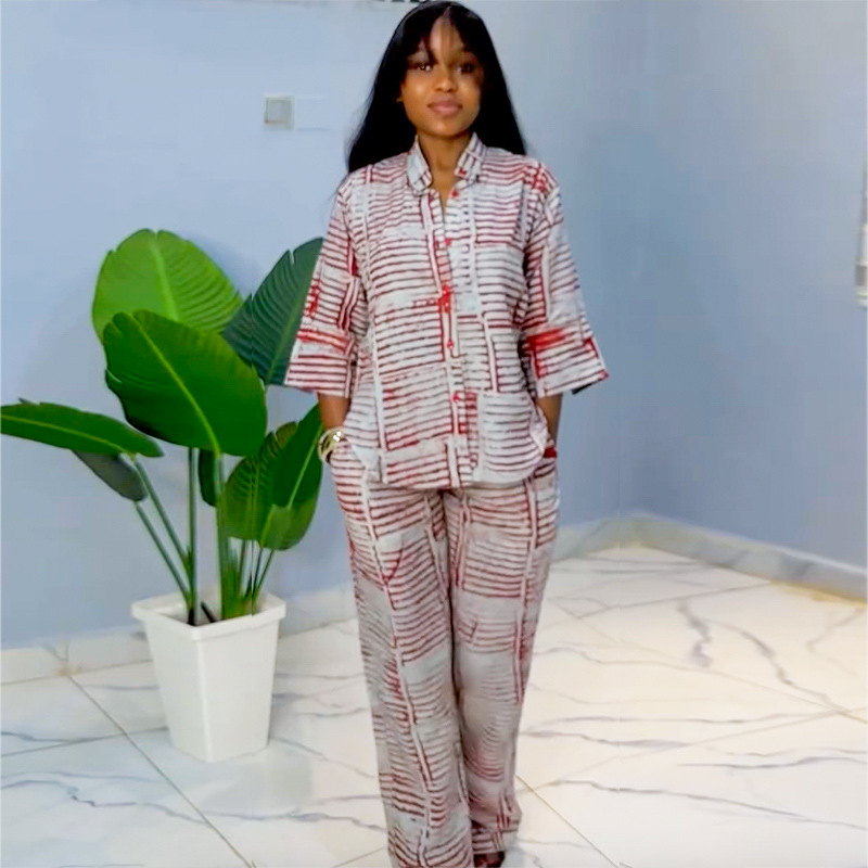 Women's Summer Printed Three-Quarter Sleeve Shirt & Loose Top Trousers Set