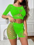 Nightclub Beaded Mesh Two-Piece Tight Fitting Shorts Set