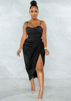 Women sexy split backless bodycon pleated solid strap dress