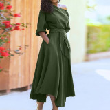Chic Elegant Solid Color Slash Shoulder Belt Irregular Dress