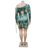 Plus Size Women's Sexy Slash Shoulder Nightclub Print Bodycon Dress