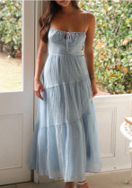 Women's Sleeveless Patchwork Strap Low Back Lace-Up Long Chiffon Dress