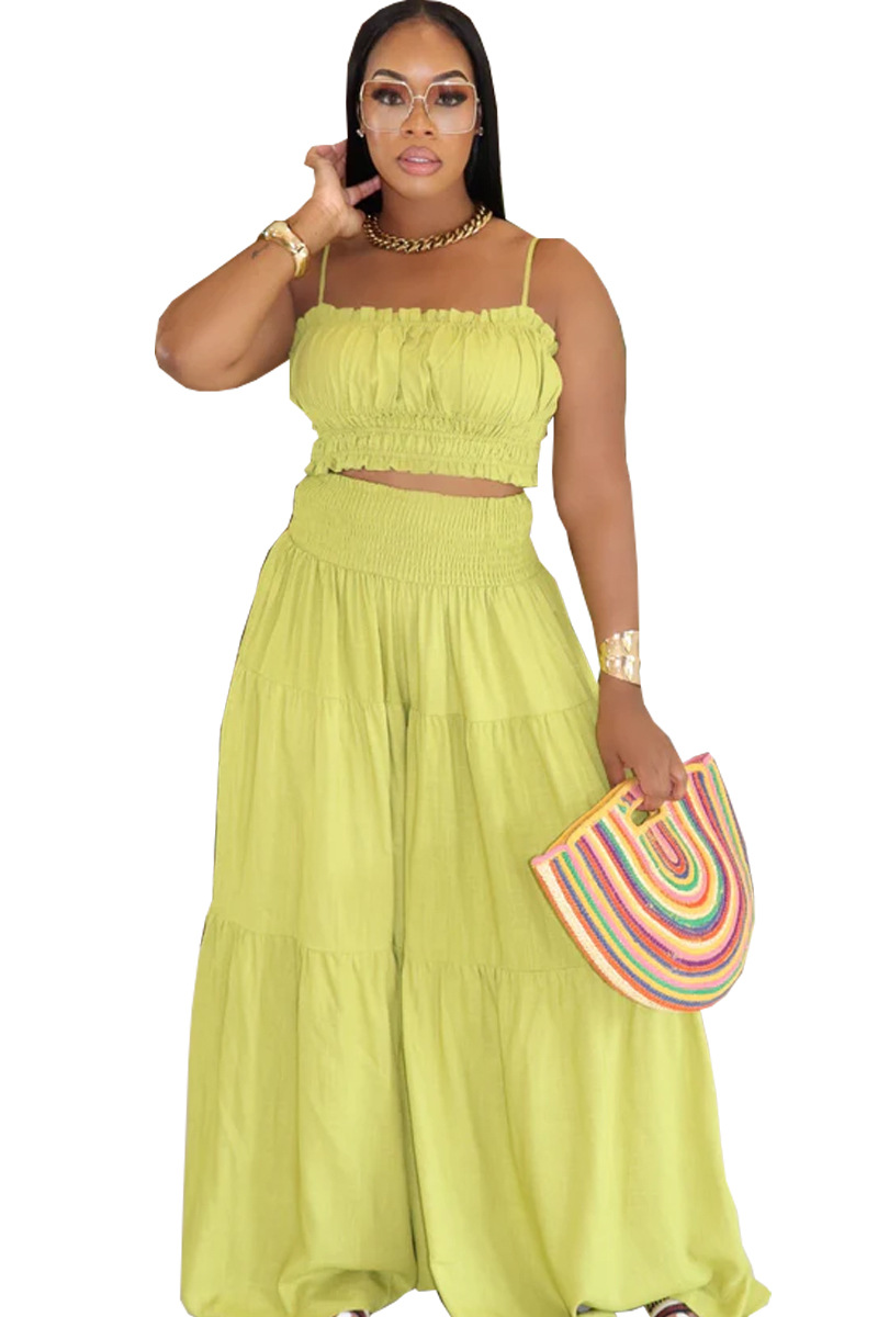 Summer/Autumn African Solid Color Strap Top & Loose Wide Leg Pants Fashion Plus Size Two-Piece Set