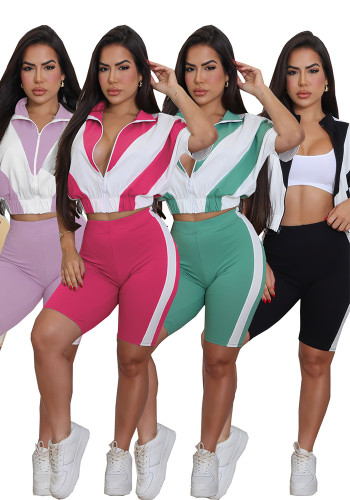 Women Summer Sports Short Sleeve Patchwork Contrast Color Top and Shorts Two-piece Set