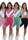 Women Summer Sports Short Sleeve Patchwork Contrast Color Top and Shorts Two-piece Set