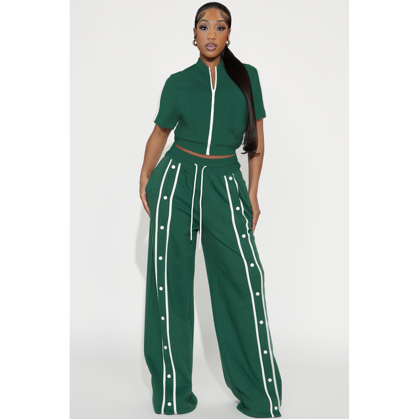 Women's Sports Two-Piece Set Buttoned Loose Pocket Wide-Leg Pants & Short Sleeve Zipper Top