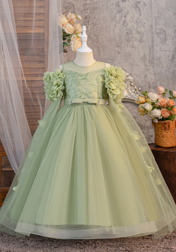 Girls' Lace Flower Shawl Dress Multi-Layer Mesh Puffy Dress for Children