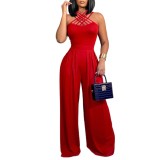 Women Career Sexy Strap Cross Wide Leg Jumpsuit