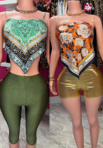 Women Casual Strapless Suspender Printed Top Shorts/Cropped Pants Two-piece Set Women Casual Strapless Suspender Printed Top Shorts/Cropped Pants Two-piece Set