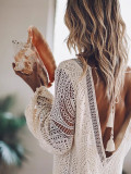Spring/Summer Women's Lace Long-Sleeved V-Neck Solid Color Chiffon Dress