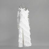 Patchwork Ruffle Strap Sexy Slit Long Dress