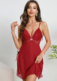 Women lace strap pearl see-through slit nightdress