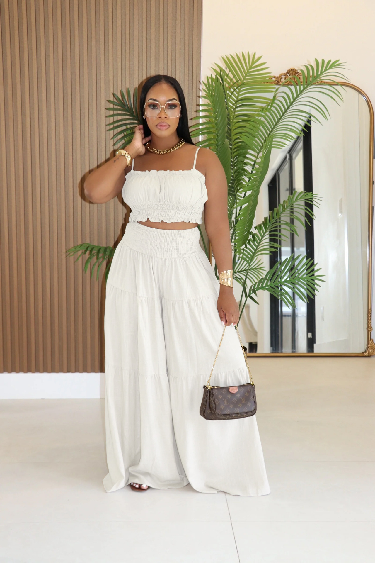 Summer/Autumn African Solid Color Strap Top & Loose Wide Leg Pants Fashion Plus Size Two-Piece Set
