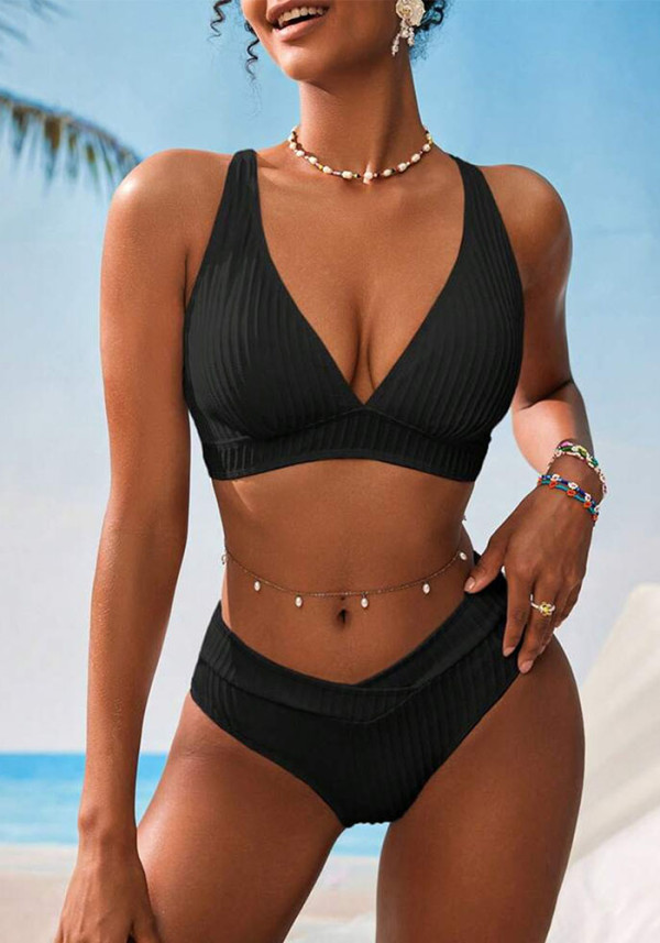 Women's Sexy Solid-Color Deep V Ribbed Two-Piece Bikini Swimsuit