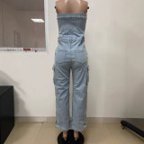 Women's Strapless with Big Pocket Washed Denim Jumpsuit