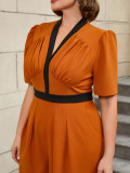 Plus Size V-Neck Pleated Color-Matching Slim Waist Elegant Wide-Leg Jumpsuit