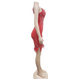 Women's Fashionable Sleeveless Beaded Feather Strap Club Dress
