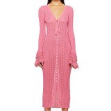 Women's V-Neck Bell-Bottom Sleeve Knitting Dress