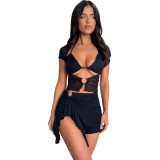 Women sexy mesh printed short sleeve Top lace irregular Skirt two-piece set