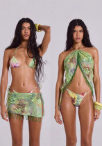 Spring/Summer  Halter-Neck Flower Sequin Lace-up Bikini & Skirt Set