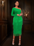 Sexy One-Shoulder Long-Sleeved High-Waist Slim Tassel Formal Party Evening Dress
