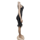 Women's Fashionable Sleeveless Beaded Feather Strap Club Dress