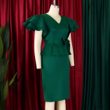 Women elegant ruffled solid bodycon formal party dress