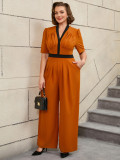 Plus Size V-Neck Pleated Color-Matching Slim Waist Elegant Wide-Leg Jumpsuit