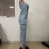 Women's Strapless with Big Pocket Washed Denim Jumpsuit
