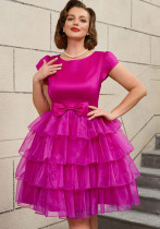 Rose Mesh Patchwork Round-Neck Bow A-Line Sweet Dress Rose Mesh Patchwork Round-Neck Bow A-Line Sweet Dress