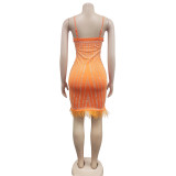 Women's Fashionable Sleeveless Beaded Feather Strap Club Dress
