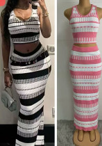 Women's Summer Sexy Striped Sleeveless Knitting Two Piece Skirt Set