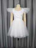 Wedding V-Neck Flying Sleeve Elegant Puffy Mesh Evening Bridesmaid Dress