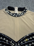 Women See-Through Sexy Beaded Pearl Contrast Long Sleeve Dress