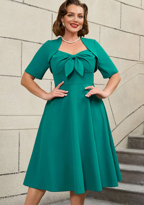 Plus Size Fashion Square-Neck Bow A-Line Slim Waist Party Dress