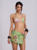 Spring/Summer  Halter-Neck Flower Sequin Lace-up Bikini & Skirt Set