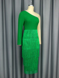 Sexy One-Shoulder Long-Sleeved High-Waist Slim Tassel Formal Party Evening Dress
