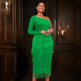 Sexy One-Shoulder Long-Sleeved High-Waist Slim Tassel Formal Party Evening Dress
