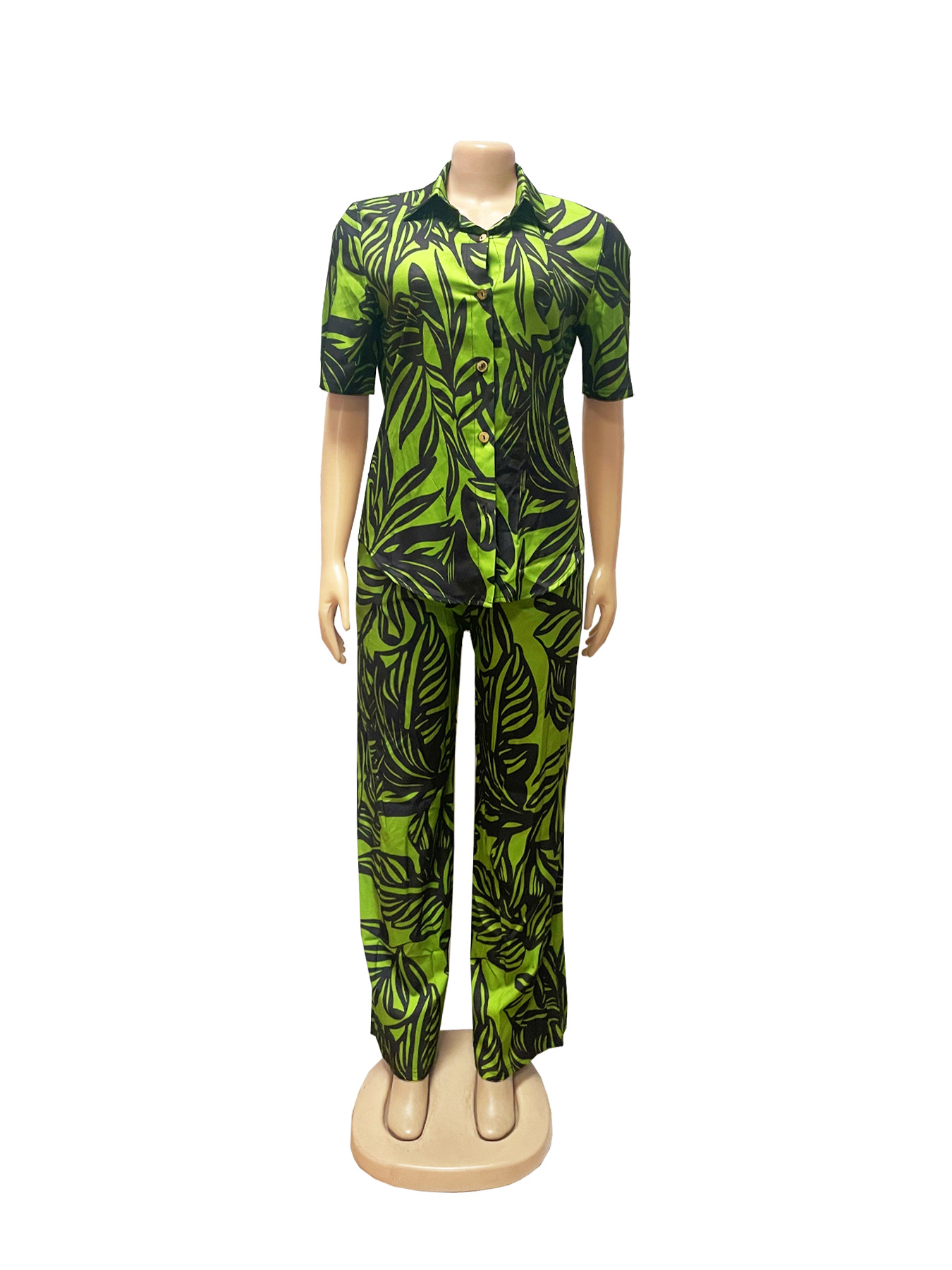 Women Summer Printed Turndown Collar Short Sleeve Top and Wide Leg Pants Two-piece Set