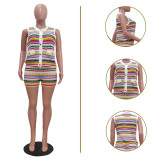 Casual Multi-Color Striped Knitting Sleeveless Two Piece Shorts Set