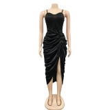 Women sexy split backless bodycon pleated solid strap dress