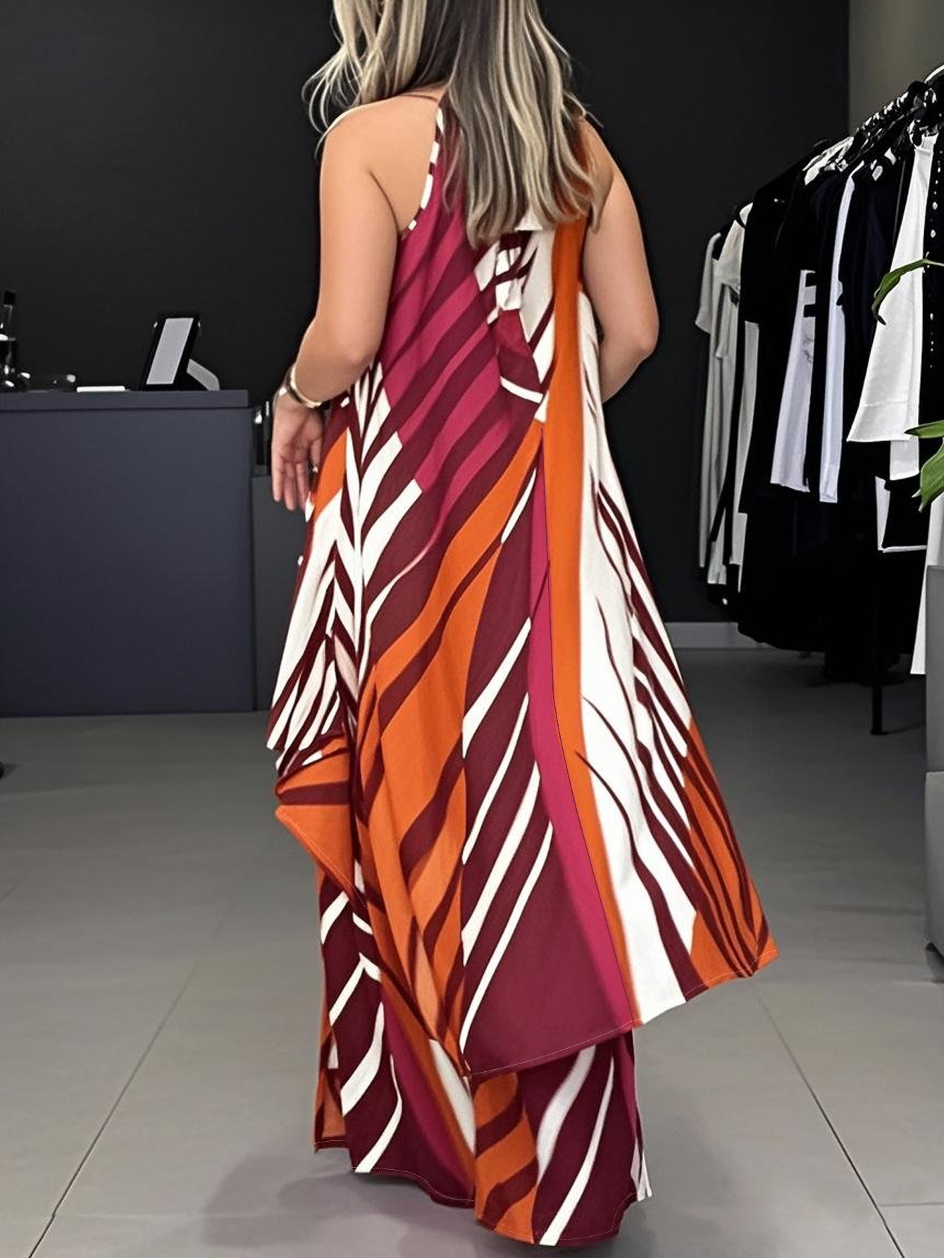 Women's Elegant Halter-Neck Sleeveless Irregular Top with Loose Trousers Two Piece Set