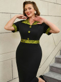 Plus Size Contrast Color Turndown Collar Slim Waist Fashion Elegant Slit Bodycon Dress