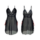 Women lace strap pearl see-through slit nightdress